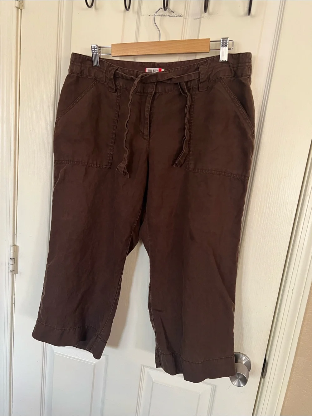 Old Navy 100% Linen Brown Utility Cargo Capri Pants Drawstring